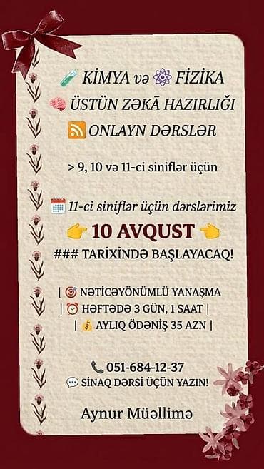 Xidmətlər: Kimya və Fizika üzrə Üstün Zəka hazırlığı – onlayn dərslər - 9, 10 və — 1