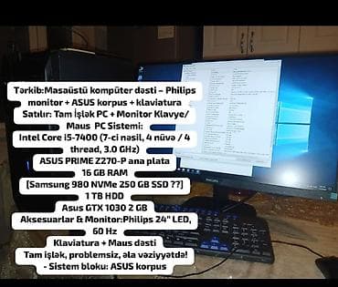 Məhsul: Masaüstü kompüter dəsti Tərkib: - Tam işlək PC + monitor +