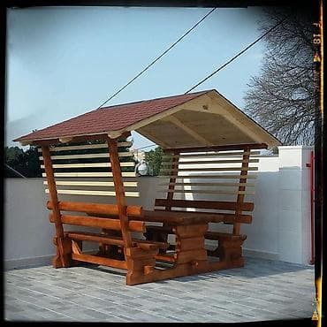 hamam perdeleri: Bağ üçün taxta kölgəlikli oturacaq dəsti - Komplekt: sabit çardaqlı — 7