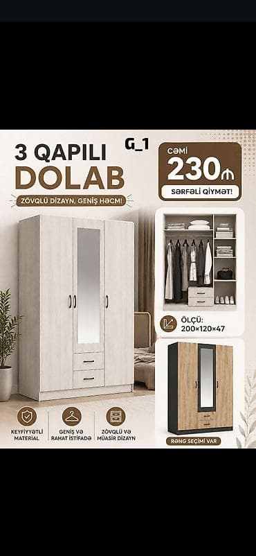 3 qapılı paltar dolabı – zövqlü dizayn, geniş həcm Ölçü: 200 × 120 × — 1