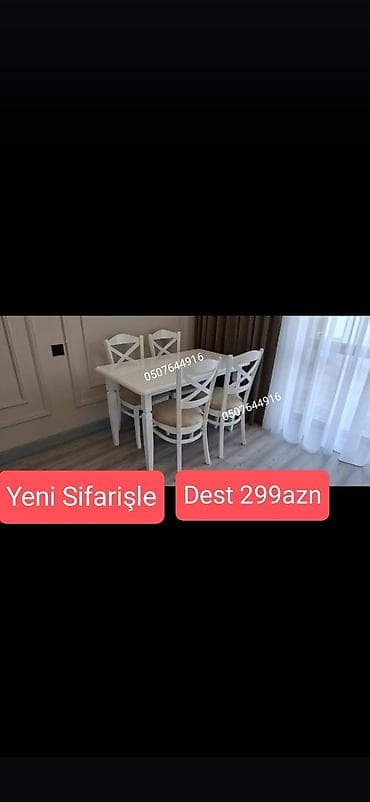 Mətbəx üçün, Yeni, Açılmayan, Dördbucaq masa, 4 stul