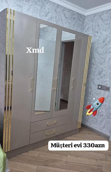 Yeni, 3 qapılı, Güzgülü, Qəhvəyi, Digər material, Açılan, Düz dolab