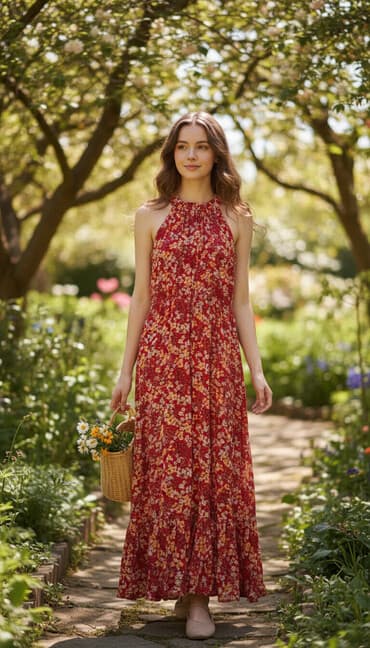 hicab deniz geyimi: Qırmızı rəngli, xırda çiçək naxışlı uzun yay donu. - Model: halter — 1