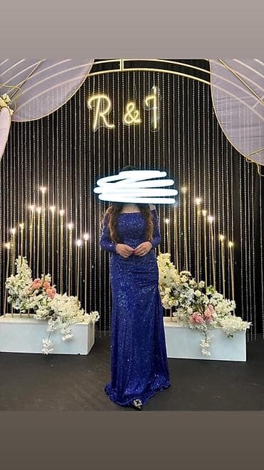 2020 şalvar modelleri: Zərif gecə/libas – tünd kral mavi rəngdə, tam bədən boyu payetlərlə — 1