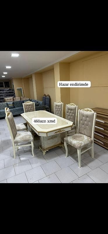 Yemək otağı dəsti - Dəst: masa + 6 ədəd stul - Rəng: krem/şampan — 1