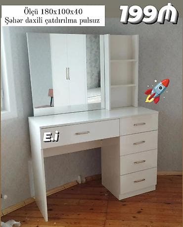Ağ rəngdə funksional kosmetik masa və güzgü dəsti. Xüsusiyyətlər: -