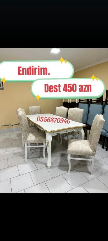 ders masaları: Qonaq otağı üçün, Yeni, Açılmayan, Dördbucaq masa, 6 stul — 8