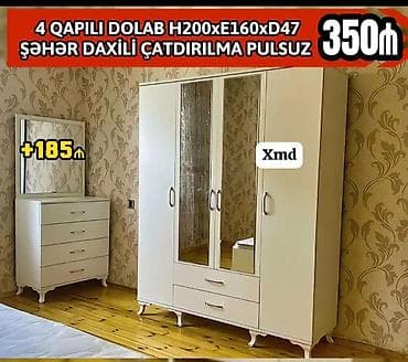 nabor acar: 4 qapılı paltar dolabı – klassik dizayn, ağ rəng. Ölçülər: H200 x E160 — 1