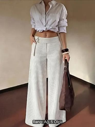 Zolaqlı qadın şalvar - Kəsim: enli balaqlı (wide-leg), düz, yüksək — 5