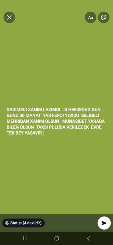 Dayələr: Xadimə tələb olunur, 30-45 yaş, 3-5 illik təcrübə, Gecə növbəsində iş, Gündəlik ödəniş — 1