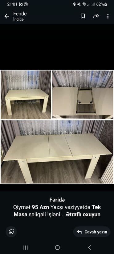 karaca əhmədli: *Fəridə* Qiymət *95 Azn* Yaxşı vəziyyətdə *Tək Masa* səliqəli işlənib — 1