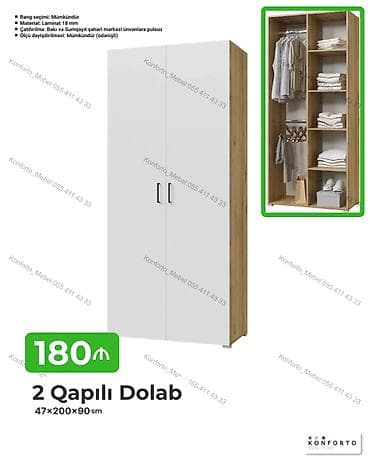 skaf: 2 qapılı paltar dolabı – 47×200×90 sm - Material: 18 mm laminat - — 1