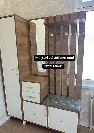 dolab paltar: Dəhliz üçün çoxfunksiyalı mebel dəsti - Material: ağ-qəhvəyi ağac — 1