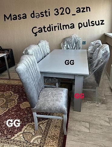 masa taxta: Qonaq otağı üçün, Yeni, Açılmayan, Dördbucaq masa, 6 stul — 1