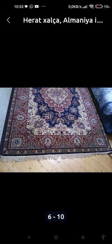 ziynət əşyaları: Herat xalça klassik. Almaniya istehsalı, 3m×2m ölçüdə. Yalnız divarda — 3