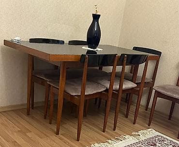 yemək stolu: Qonaq otağı üçün, Açılan, Dördbucaq masa, 6 stul — 1