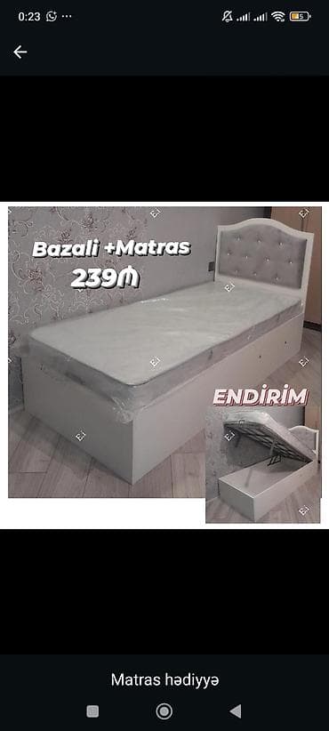 islenmis matras: Bazalı tək nəfərlik çarpayı + matras - Rəng: ağ gövdə, boz parça — 1