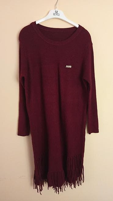 Bordo rəngli toxunma trikotaj tunika/sviter paltar - Uzun model, dizə