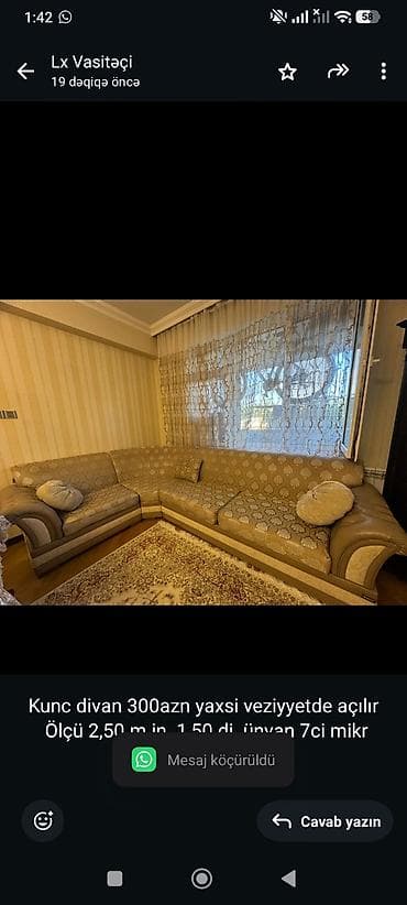 Kunc divan 300azn yaxsi veziyyetde açılır Ölçü 2,50 m in 1,50 di