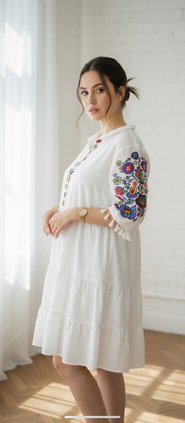 vitamin c 1000mg qiyməti: Ağ rəngli, dizə qədər qısa don. Qolları 3/4 uzunluqda, kənarlarında — 1