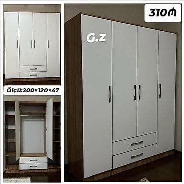 4 qapılı, Siyirməli, Ağ, Taxta, Açılan, Düz dolab