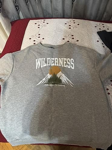 Boz rəngli sweatshirt - Ön dizayn: “WILDERNESS” yazısı, dağ və meşə — 2