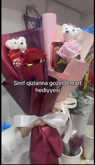 diz yağı: 8 Mart üçün şokoladlı mini buketlər - Dizayn: Zərif hədiyyə kağızında — 2