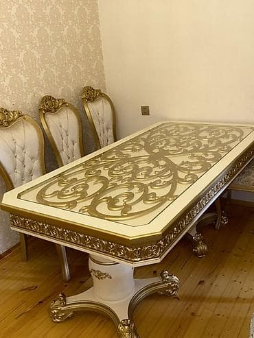 şüşə stollar: Klassik üslubda zövqlü yemək masası və kreslolar dəsti. - Dizayn — 1
