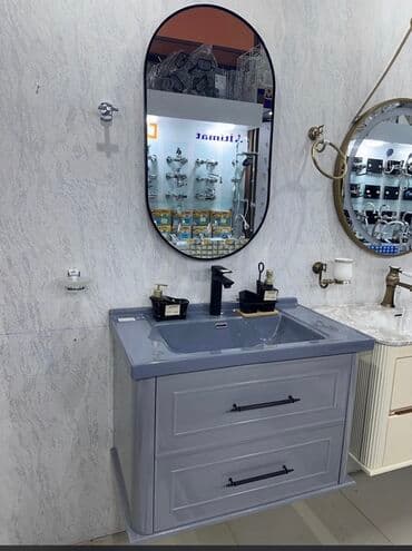 Müasir dizaynlı, boz rəngli, iki çekmeceli dolablı lavabo dəsti