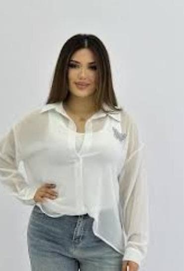 kargo şalvar: Ağ rəngli qadın şifon köynək - Model: uzunqol, düyməli, klassik — 2