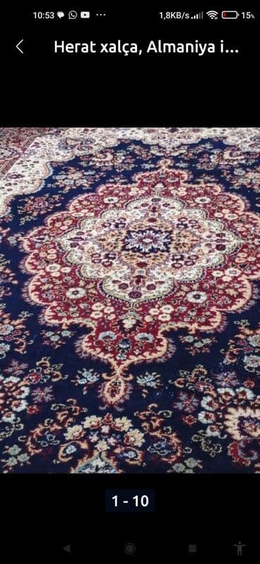 ziynət əşyaları: Herat xalça klassik. Almaniya istehsalı, 3m×2m ölçüdə. Yalnız divarda — 5