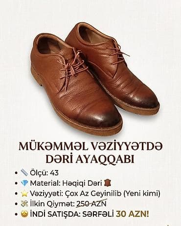 Dəri ayaqqabı - Ölçü: 43 - Material: həqiqi dəridən - Rəng: qəhvəyi -