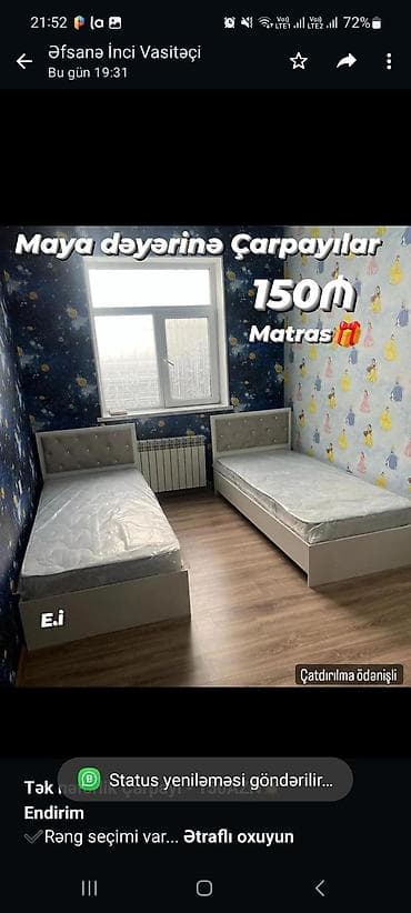 Мебель на заказ: *Tək nəfərlik Çarpayı - 150AZN💥* *Endirim* ✔️Rəng seçimi var Ölçü — 1