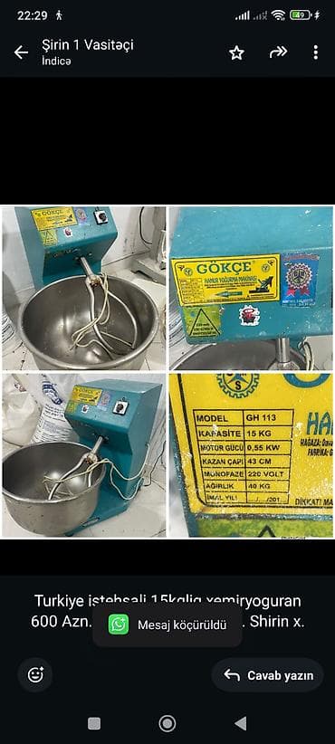 Оборудование для производства: Turkiye istehsali 15kqliq xemiryoguran 600 Azn. Nol faza. Unvan Baki — 1