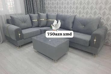 stol stullarin satisi: Boz künc divan dəsti + puf/çantalı masa - Zərif boz rəng, qızılı — 1