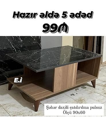Mərmər naxışlı üstlü sehpа/çay masası - Material: Üst hissə qara — 1