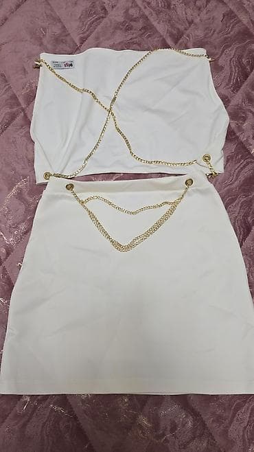 off white duks: Heç geyinilməyib Ağ rəngli iki parçalı dəst – ətək və krujeva-stil top — 1