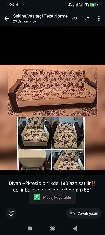 kreslo 170: Divan +2kreslo birlikde 180 azn satilir‼️acilir bazalidir unvan — 1