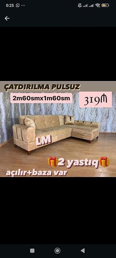 krep parca: L formalı künc divanı - Ölçü: 2 m 60 sm x 1 m 60 sm - Açılır mexanizm — 1