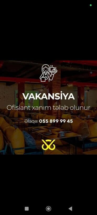 Ofisiant tələb olunur, Pivə barı, Gündəlik ödəniş, 18-29 yaş, 3-5 illik təcrübə