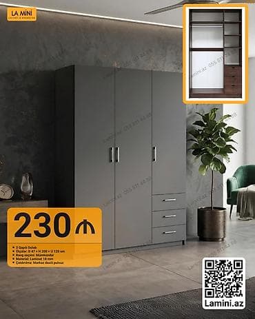 3 qapılı dolab - Ölçülər: E 47 × H 200 × U 120 sm - Rəng seçimi