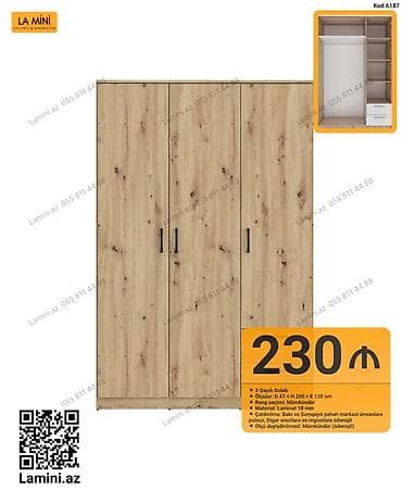 3 qapılı dolab – Kod: 6187 - Ölçülər: D 47 × H 200 × E 120 sm - — 1