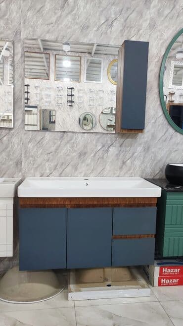 Santexnika: Bu dəstə divara quraşdırılmış lavabo dolabı, güzgü, unitaz və duş — 4