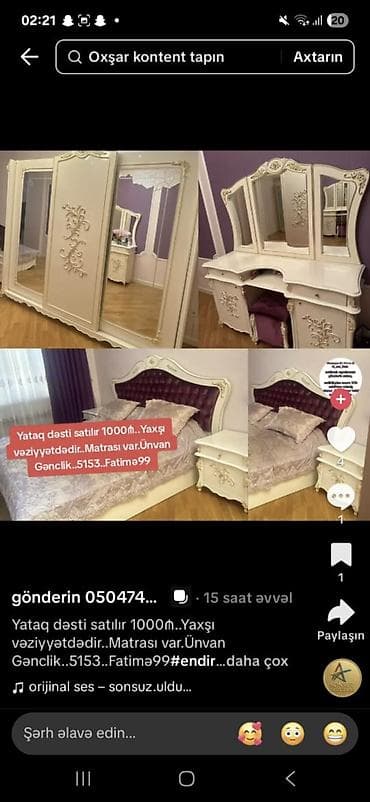 komod satilir: Klassik üslubda yataq otağı dəsti Tərkibi: - Yumşaq, kapitone — 1