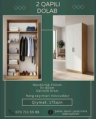 2 qapılı dolab - Ölçülər: hündürlük 200 sm, en 90 sm, dərinlik 47 sm