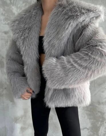 женские свитера с мехом: Boz rəngdə qadın xəz üslublu jaket - Stil: Həcmli, L razmer .Yenidir — 1