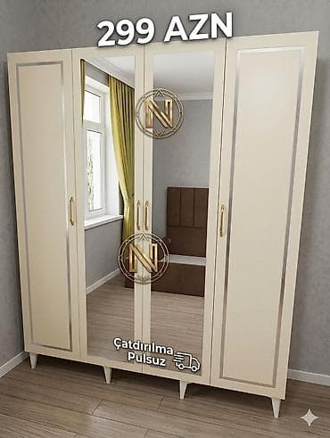 4 qapılı, Güzgülü, Bej, Açılan, Düz dolab