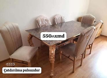 optimal metbex mebelleri: Mətbəx/qonaq otağı üçün dəst: mərmər naxışlı masa və 6 ədəd yumşaq — 1