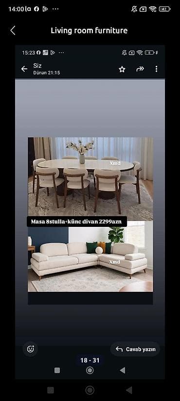 sdol sdul: Qonaq otağı üçün mebel dəsti - Dəst: oval masa + 8 ədəd stul + künc — 1