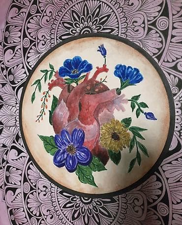 qelem: Əl işi rəsm əsəri – “Ürək və Çiçəklər” mandala kompozisiyası. Ölçü — 2